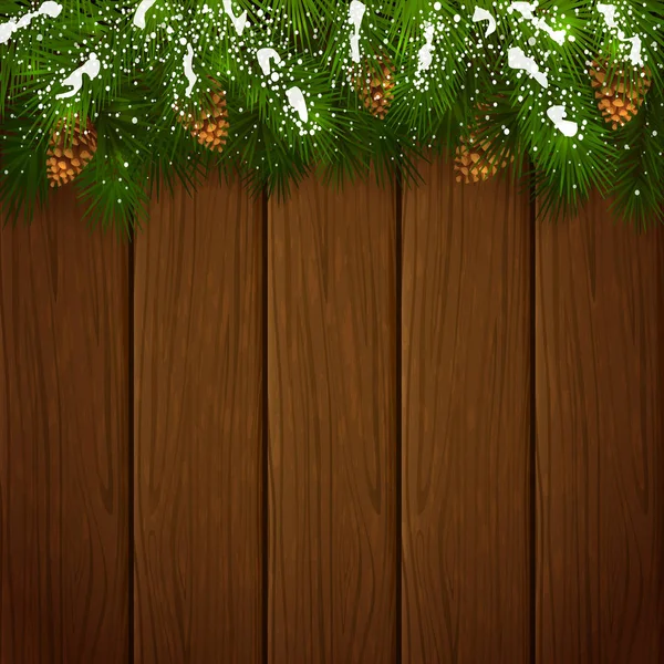 Ramas de abeto navideño con nieve y piñas en ba de madera — Vector de stock