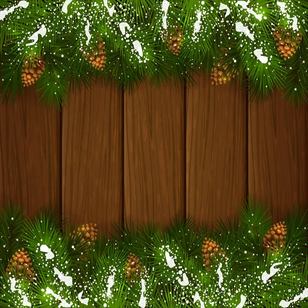 Spar kerstboom takken met pinecone op houten achtergrond — Stockvector