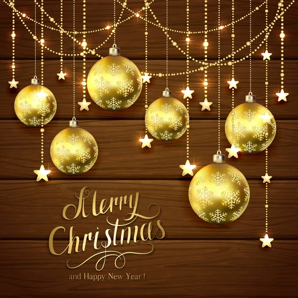Goldene Weihnachtskugeln und Sterne auf braunem Holzgrund — Stockvektor