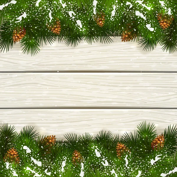 Fondo de madera blanca con ramas de abeto de Navidad y sno — Archivo Imágenes Vectoriales