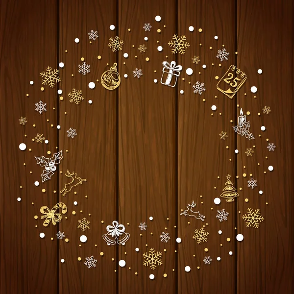 Decoraciones navideñas con copos de nieve sobre fondo de madera marrón — Vector de stock