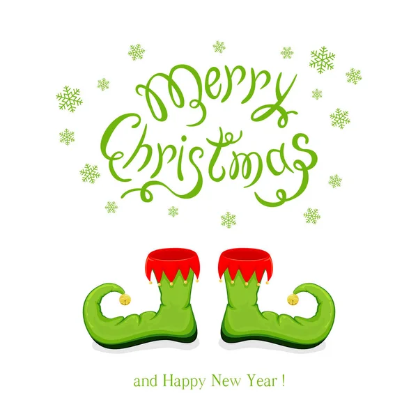Merry Christmas and green shoes elf — Stock Vector