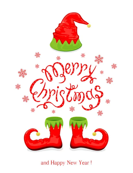 赤い帽子と靴のエルフのメリー クリスマス — ストックベクタ