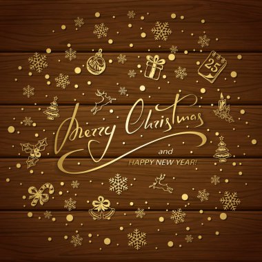 Merry Christmas ve kahverengi ahşap adam üzerinde Altın süslemeleri