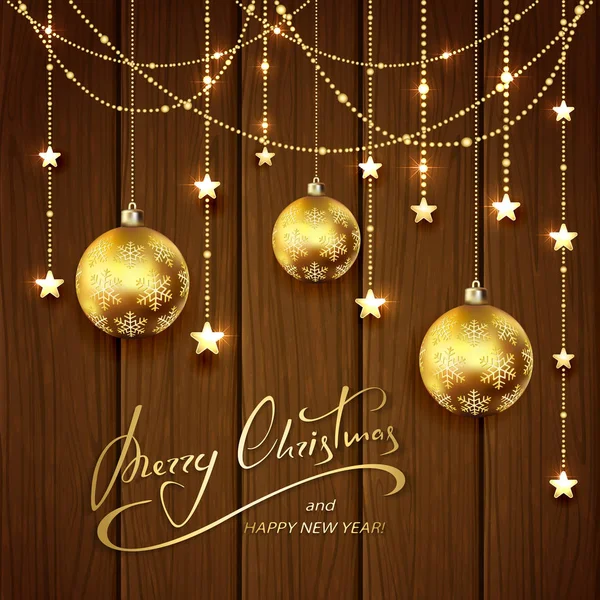 Décorations de Noël sur fond de bois brun — Image vectorielle