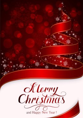 Noel ağacı şerit ve kırmızı zemin üzerine kar taneleri