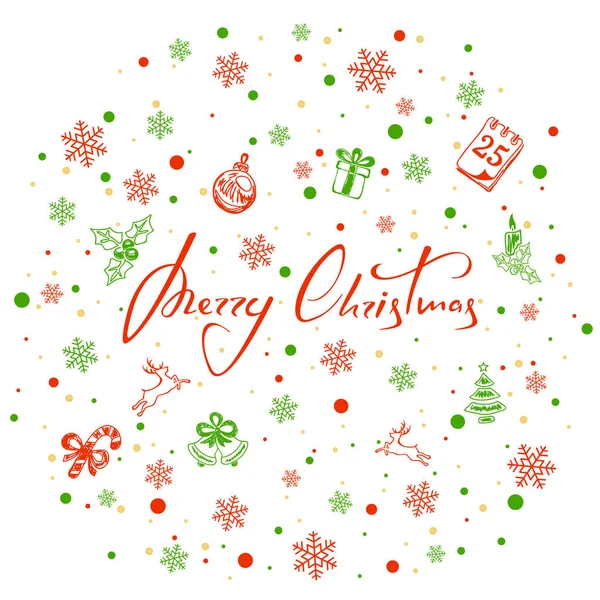 Beyaz backgrou üzerinde kırmızı ve yeşil süslemeleri ile mutlu Noeller — Stok Vektör