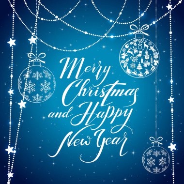Beyaz Noel topları ve mavi arka plan üzerinde yıldız