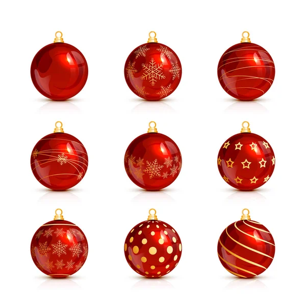 Conjunto de bolas de Natal vermelho com padrão dourado — Vetor de Stock