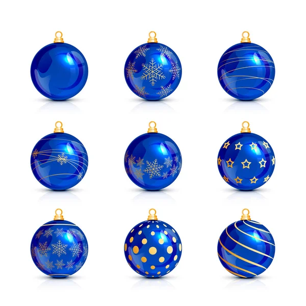 Set of blue Christmas balls with golden pattern — Stock Vector