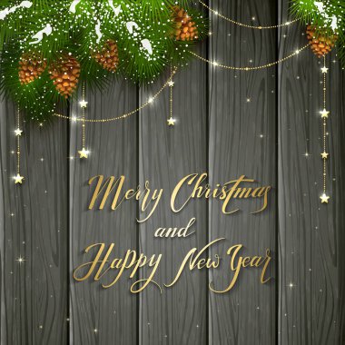 Altın yıldızlar ve Noel tebrik siyah ahşap zemin üzerine