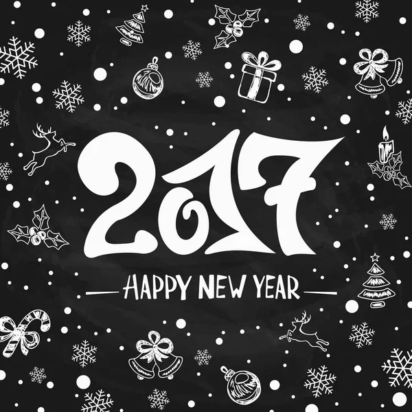 Saludos de Año Nuevo con decoraciones navideñas en pizarra negra — Vector de stock