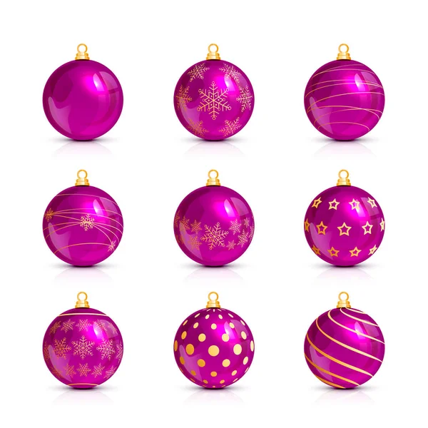 Set aus rosa Weihnachtskugeln mit goldenem Muster — Stockvektor