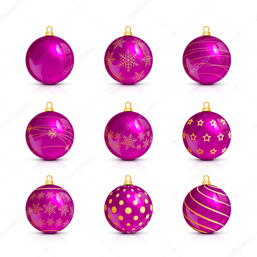 Set of pink Christmas balls with golden pattern