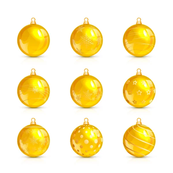 Ensemble de boules de Noël jaunes avec motif de vacances — Image vectorielle