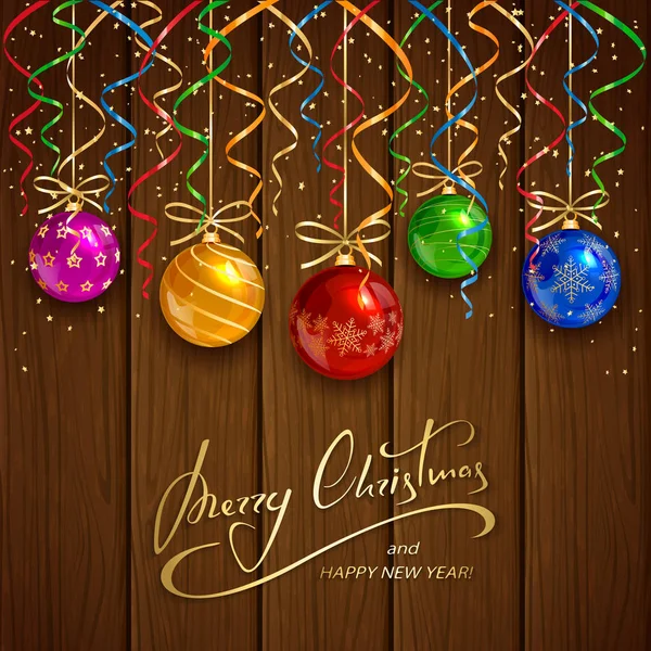 圣诞球上棕色木制背景 — 图库矢量图片