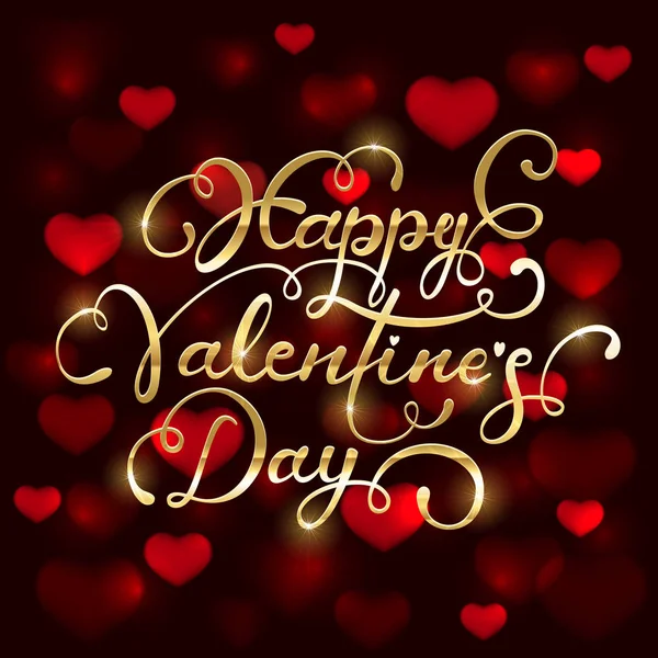 Valentines lettering and blurry hearts on red background — Stock Vector