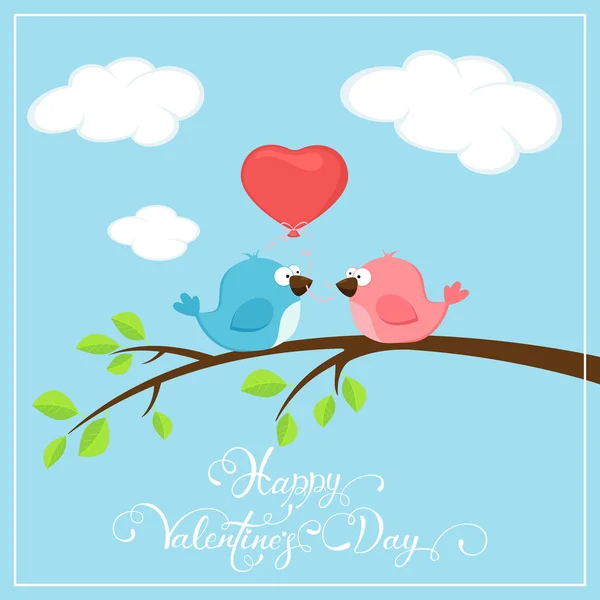 Valentines background with two birds and balloon heart — Stock Vector