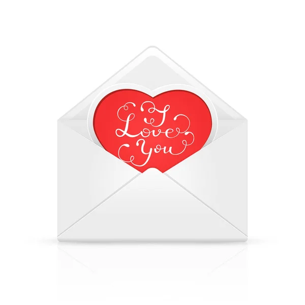 Envelop met rood hart en Valentines belettering ik hou van je — Stockvector