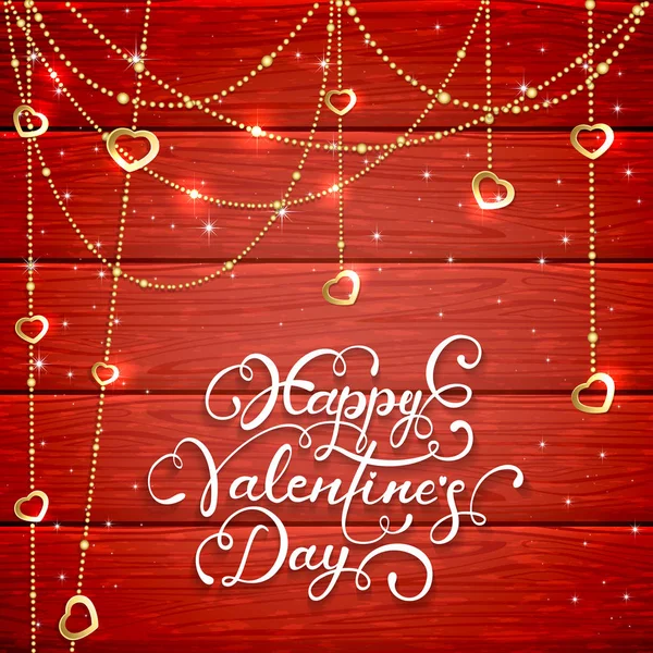 Fond en bois rouge avec coeurs et perles de Saint-Valentin — Image vectorielle