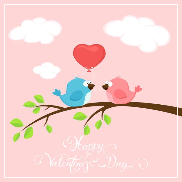 Valentines pink background with two birds and balloon heart — Stock Vector