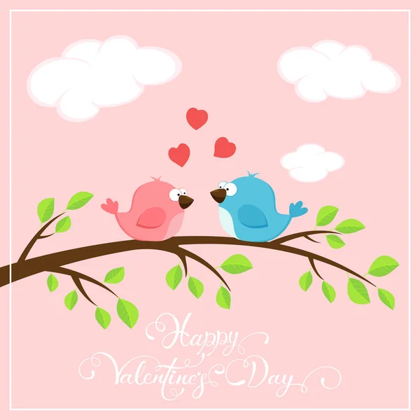 Valentines pink background with two birds and hearts — Stock Vector