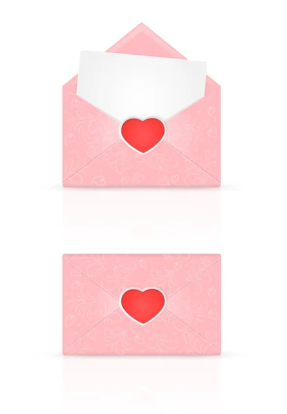 Pink envelope with red heart and ornate elements — Stock Vector