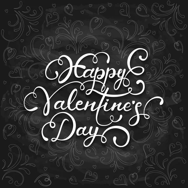 Letras de San Valentín con corazones y adornos en pizarra negra — Vector de stock