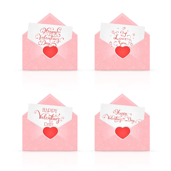 Комплект конвертов Валентина с красным сердцем и декоративными элементами — стоковый вектор