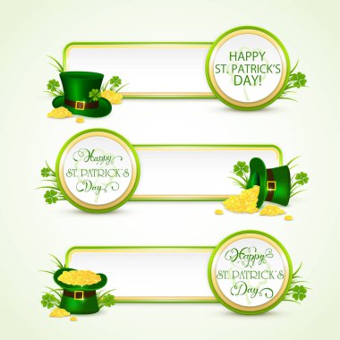 Happy Patricks day banners with green hat and coins clipart