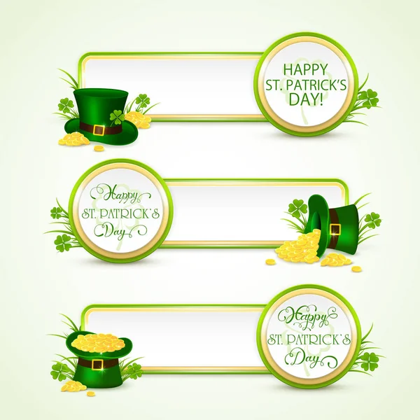 Happy Patricks bannières de jour avec chapeau vert et pièces — Image vectorielle