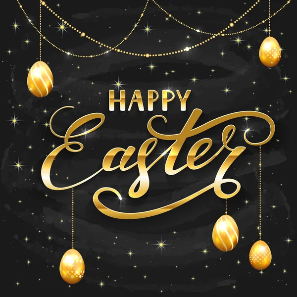 Goldener Schriftzug frohe Ostern mit Eiern auf schwarzer Kreidetafel — Stockvektor