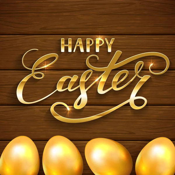 Vrolijk Pasen en gouden eieren op bruin houten achtergrond — Stockvector