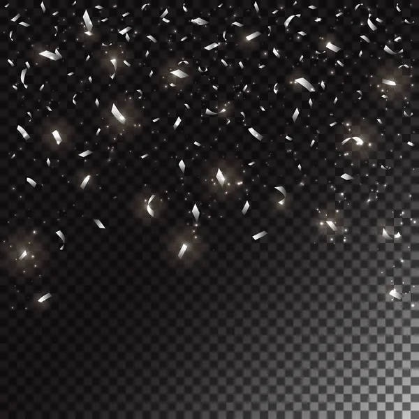 Férias de prata confetti no fundo transparente escuro — Vetor de Stock