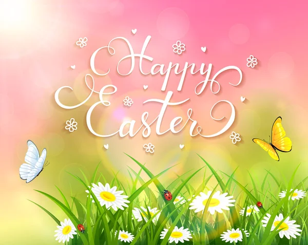 Húsvéti témát fű és a virágok rózsaszín háttér — Stock Vector