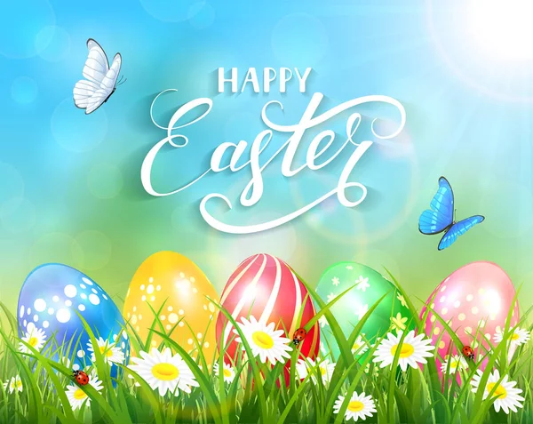 Happy Easter on blue background and eggs on grass — Stock Vector