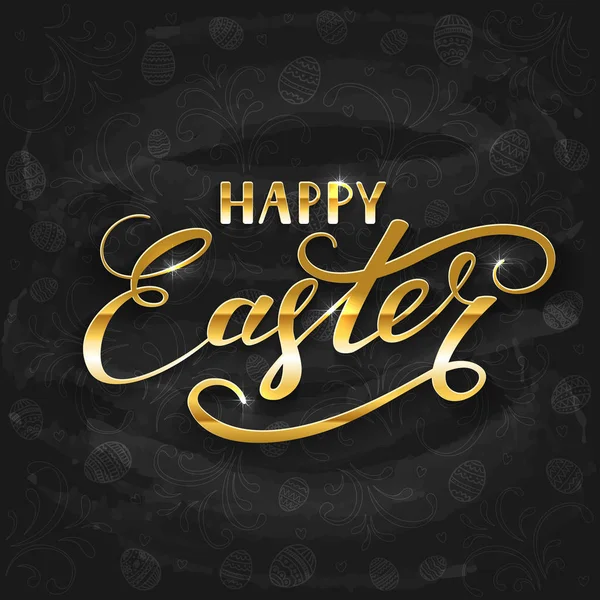 Gouden belettering Happy Easter met decoratief patroon van eieren — Stockvector