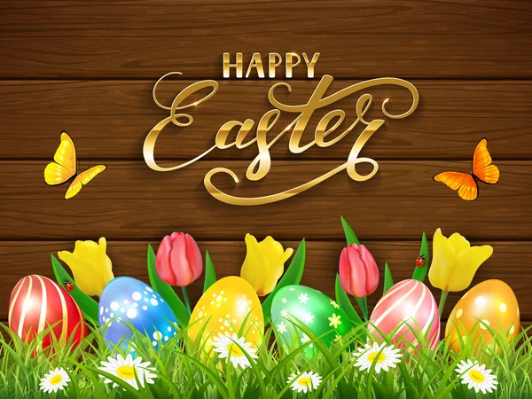 Velikonoční vajíčka a tulipány na hnědé dřevěné pozadí — Stockový vektor