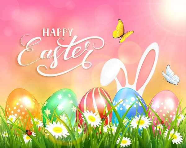 Feliz Páscoa em fundo rosa com coelho e ovos — Vetor de Stock