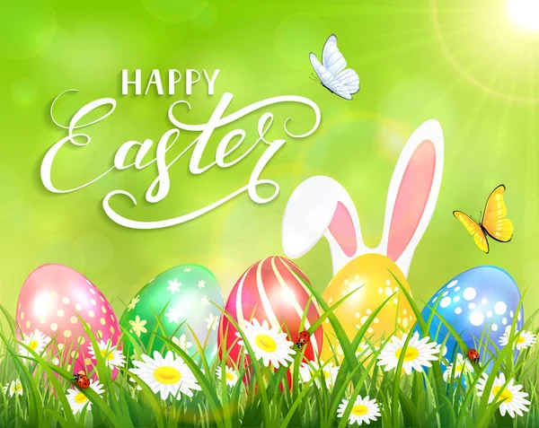 Feliz Pascua sobre fondo verde con conejito y huevos — Vector de stock