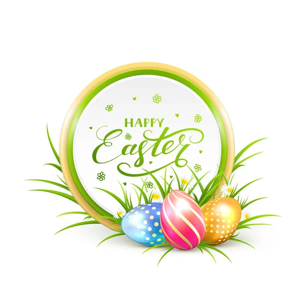 Tarjeta con letras Feliz Pascua y huevos de colores — Vector de stock