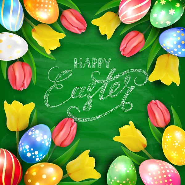 Joyeux Pâques sur fond de tableau vert avec des œufs et des tulipes — Image vectorielle