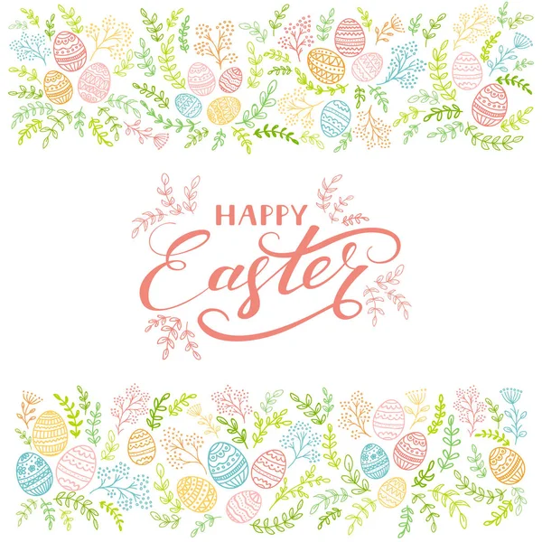 Éléments floraux colorés et lettrage Joyeuse Pâques sur fond blanc — Image vectorielle