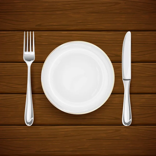 Assiette avec fourchette et couteau sur fond bois brun — Image vectorielle