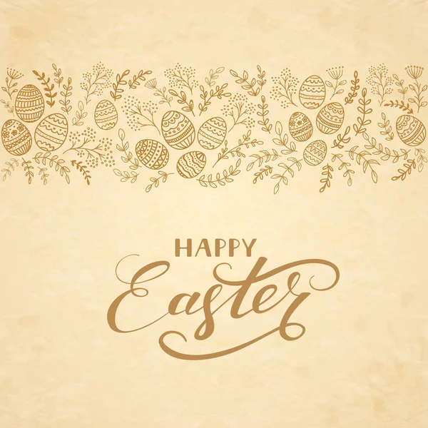 Elementos florales con huevos y letras Feliz Pascua — Vector de stock