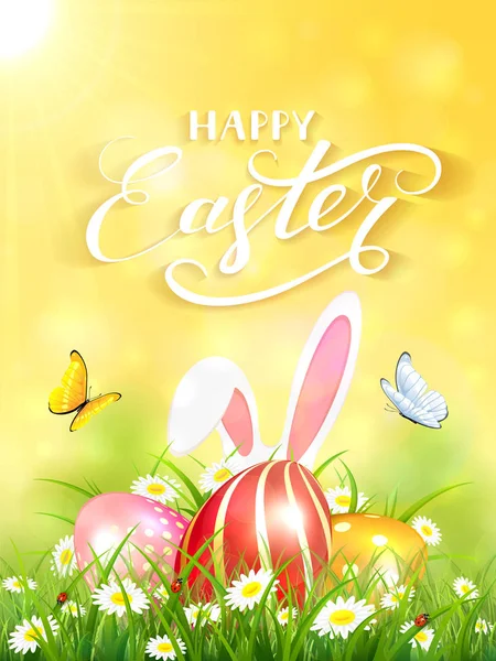 Yellow background with rabbit and three Easter eggs in grass — Stock Vector