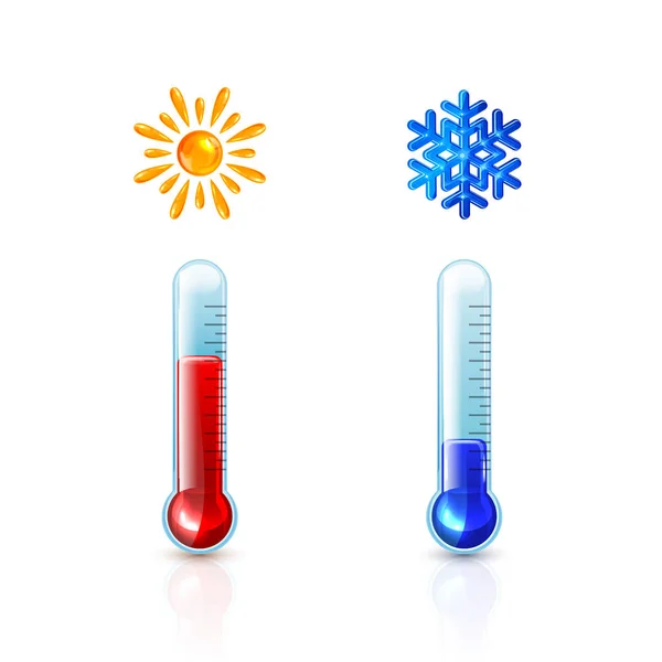Rote und blaue Thermometer mit Sonne und Schneeflocke — Stockvektor
