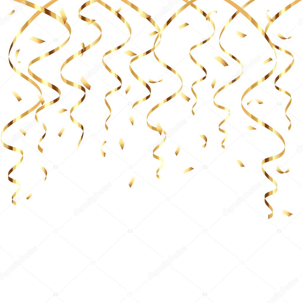 Holiday golden streamers and confetti on white background