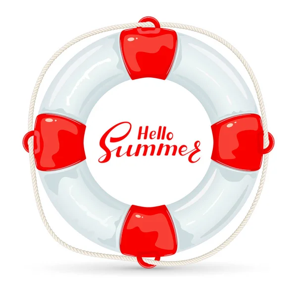 Lifebuoy și litere Hello Summer pe fundal alb — Vector de stoc