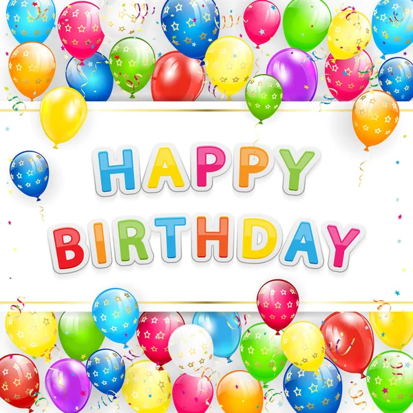Verjaardagskaart met ballonnen en slingers op witte achtergrond — Stockvector